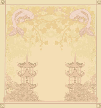 japanese koi and ancient building - abstract frameのイラスト素材