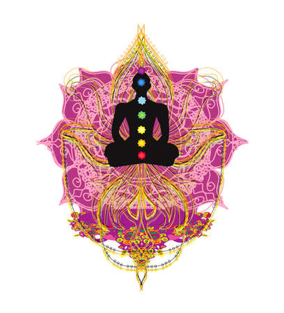 Yoga lotus pose. Padmasana with chakra points.のイラスト素材