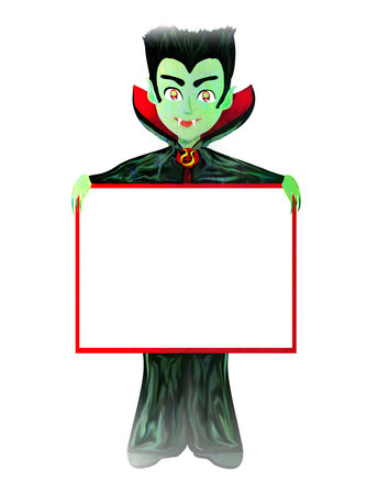Cartoon vampire boy holding a frame with space for your textの写真素材