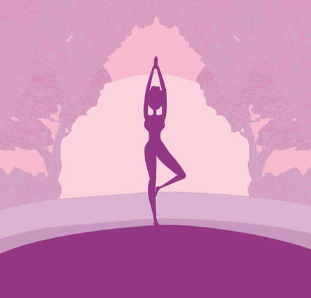 Silhouette woman practicing yoga in the natureのイラスト素材