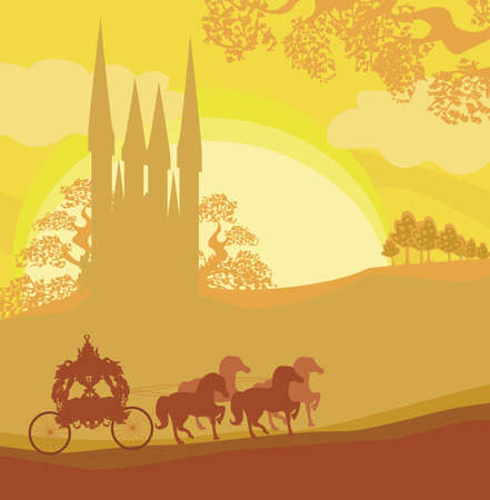 Silhouette of a horse carriage and a medieval castleのイラスト素材