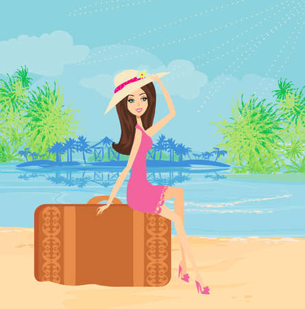 beautiful elegant girl tourist on exotic beachのイラスト素材