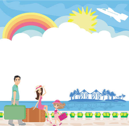 happy family on tropical vacation - card with place for textのイラスト素材