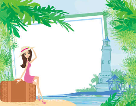 tourism on a tropical vacation - frame with a beautiful girl and a lighthouseのイラスト素材