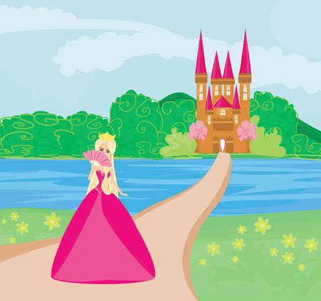Beautiful queen in front of her castleのイラスト素材