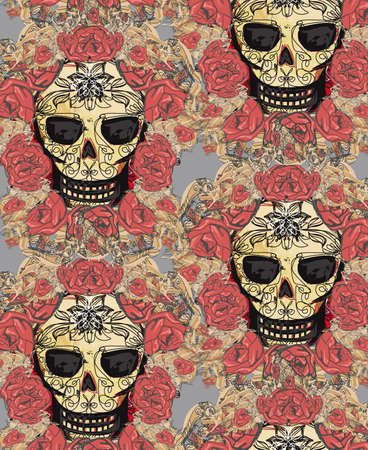 Skull and Flowers Day of The Dead Seamless Backgroundの写真素材