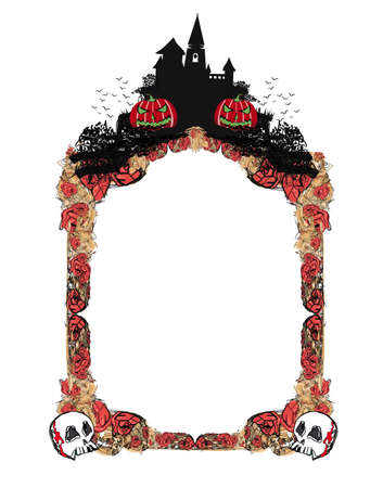 Halloween night frame - roses, skulls and a haunted castleの写真素材