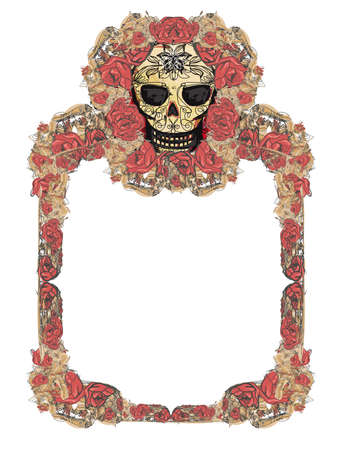 Skull and Flowers - Day of The Dead, art frame with rosesの写真素材