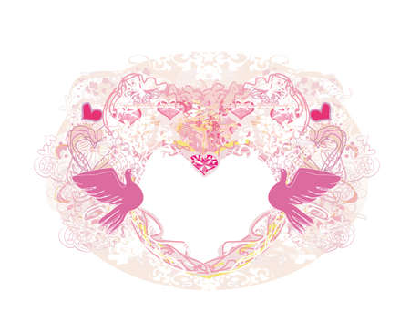 Romantic card with love birds - decorative pink heart-shaped frameのイラスト素材