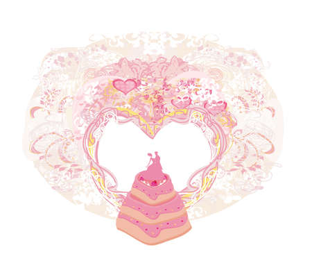 Wedding cake card design - decorative pink heart-shaped frameのイラスト素材