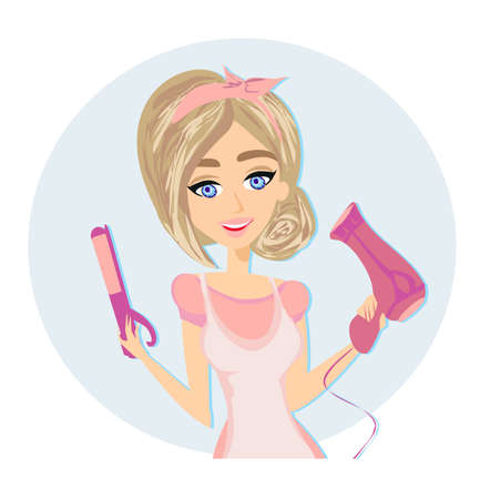 beautiful hairdresser with a hair dryer and a curling iron in her handのイラスト素材