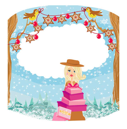 Winter girl with gift box, holiday sale cardのイラスト素材