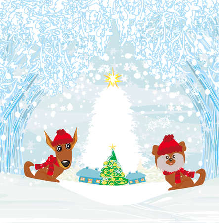 Christmas And New Year Design Card With cute dogs on a winter walkのイラスト素材