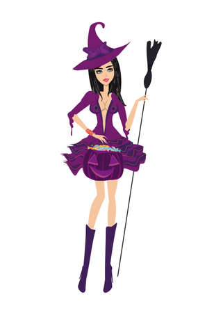 beautiful witch standing with pumpkin full of candyのイラスト素材