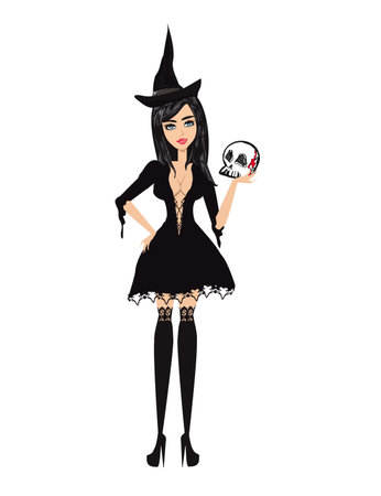 Beautiful sexy witch in black dress - illustration isolated from backgroundのイラスト素材