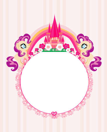 Cute unicorns and fairy-tale princess castle frameのイラスト素材