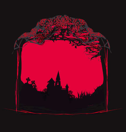 Halloween night frame with scary haunted castleのイラスト素材