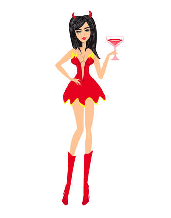 Beautiful sexy girl devil in a red dress  - illustration isolated from backgroundのイラスト素材
