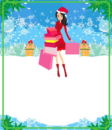 Beautiful girl on Christmas shopping - Christmas card with space for textのイラスト素材