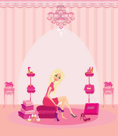 beautiful girl sitting on chair and holding shoes in an elegant boutiqueのイラスト素材