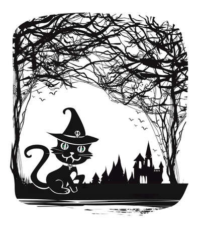 Halloween witch black cat - black and white illustrationのイラスト素材