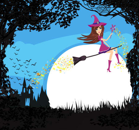 Witch flying on a broom - invitation to a halloween partyのイラスト素材
