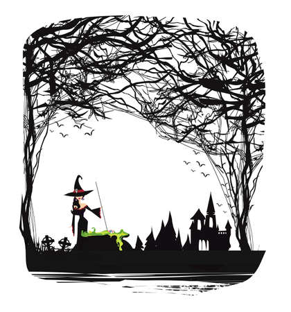 Halloween night frame with scary haunted castle and a witch preparing poisonのイラスト素材