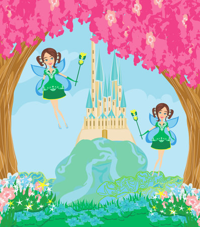 beautiful fairies fly around the magic castleのイラスト素材