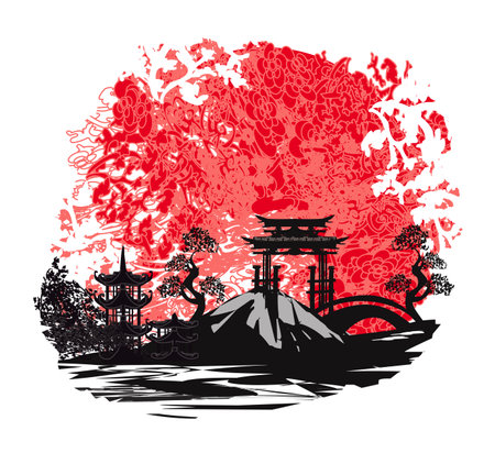Abstract card with Japanese landscapeのイラスト素材