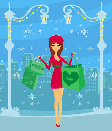 beautiful elegant girl doing Christmas shopping in the cityのイラスト素材