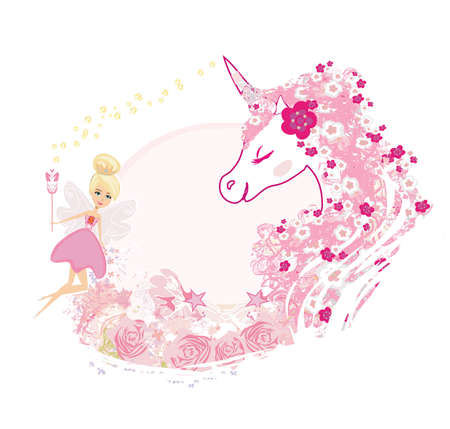 beautiful floral fairy tale frame with fairy and unicornのイラスト素材