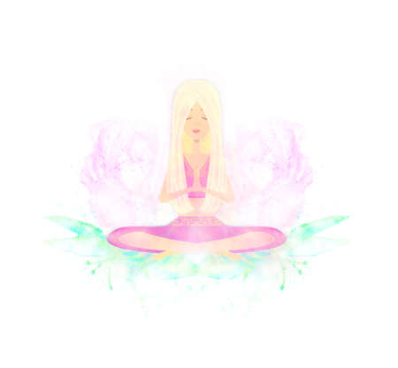 Woman practicing yoga - abstract watercolor cardの写真素材