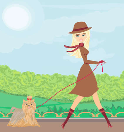 beautiful girl walking her dog in the parkのイラスト素材