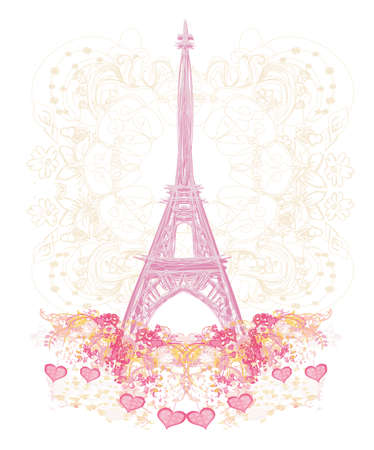Eiffel tower artistic card, decorative floral backgroundのイラスト素材