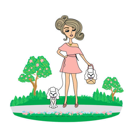 beautiful girl walking her dog in the parkのイラスト素材