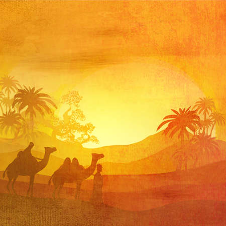 Bedouin camel caravan in wild africa landscape - artistic grunge illustrationの写真素材