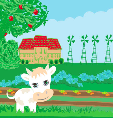 funny cow in the field - illustrationのイラスト素材
