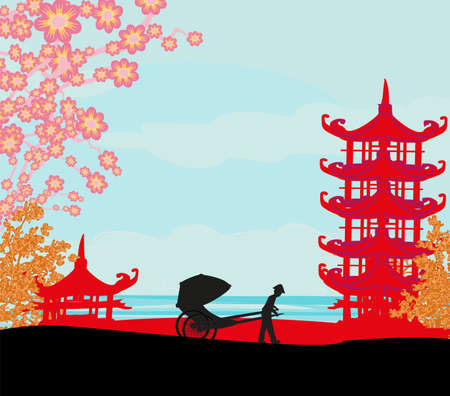 beautiful abstract asian landscape and rickshawのイラスト素材