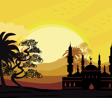 Muslim Islamic Mosque Ramadan Sunset illustrationのイラスト素材