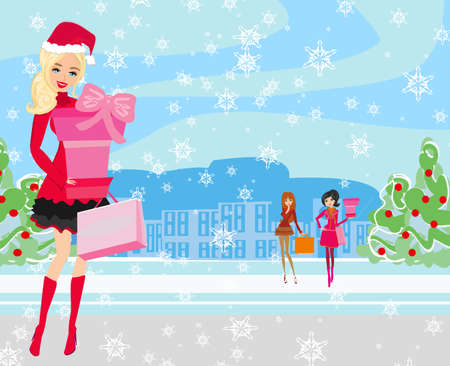 Beautiful girls on winter shoppingのイラスト素材
