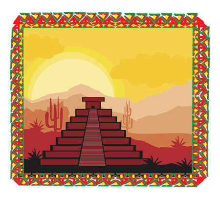 Mayan Pyramid, Chichen-Itza, Mexico - landscape with ornate traditional mexican frameのイラスト素材