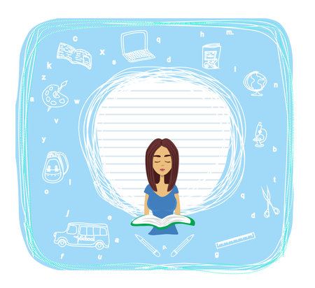 beautiful schoolgirl reads a book - frame with space for textのイラスト素材