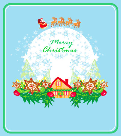 The santa claus flying with the sack full of presents - cardのイラスト素材