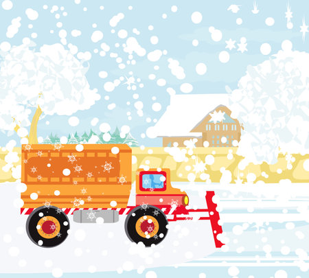 Snowblower on the road on a snowy winter dayのイラスト素材