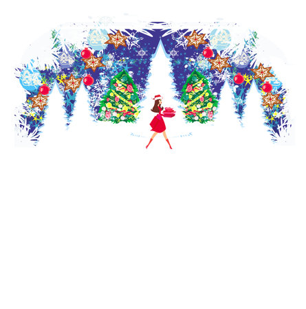Beautiful girl on Christmas shopping - Christmas card with space for textの写真素材