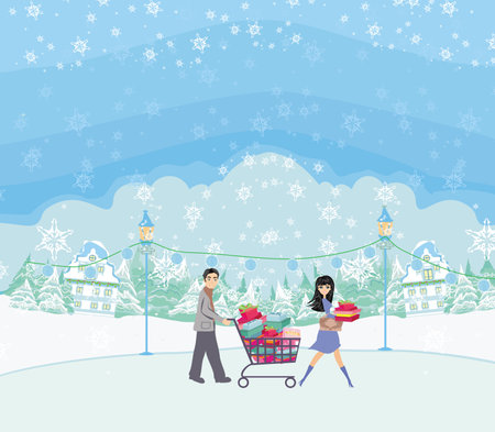 happy couple on winter saleのイラスト素材