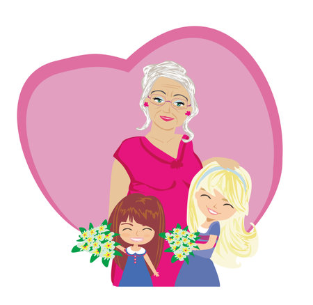 Happy Grandmas Day - happy grandmother hugs her granddaughtersのイラスト素材