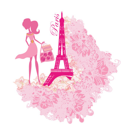 Women Shopping in Paris - decorative floral bannerのイラスト素材