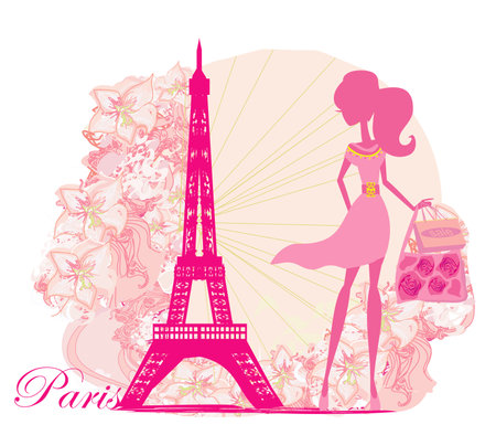 Women Shopping in Paris - decorative floral bannerのイラスト素材