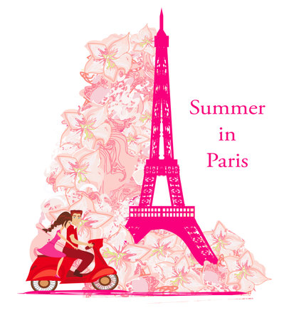 decorative floral banner - couple on vacation in Parisのイラスト素材